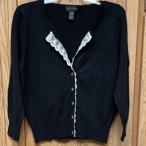 Cable & Gauge Black Cardigan with White Lace Trim